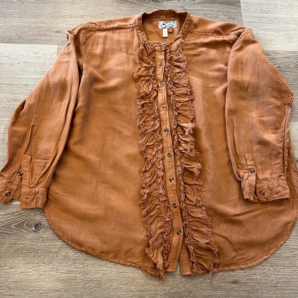 Pilcro Brown Button Down Shirt with Fringe Detail - Picture 2 of 13